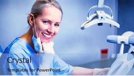  Presentation with dental assistant - Colorful theme enhanced with steril gloves nurse mask - portrait of dental assistant examining backdrop and a light blue colored foreground