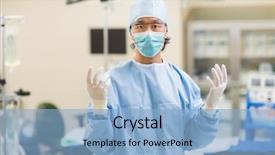  Presentation with operation room - Slide set having steril gloves nurse mask - portrait of mid adult surgeon background and a light blue colored foreground