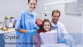  Presentation with clinic - PPT layouts with steril gloves nurse mask - portrait of smiling dentists background and a light blue colored foreground