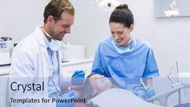  Presentation with work in clinic dental surgery - Audience pleasing theme consisting of steril gloves nurse mask - smiling dentists interacting with young backdrop and a light blue colored foreground