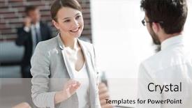 Presentation with women meeting - Presentation design featuring stern - business meeting business women background and a light gray colored foreground