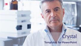  Presentation with lab coat - Slide deck consisting of stern - portrait of an unsmiling scientist background and a  colored foreground