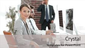  Presentation with confident - Audience pleasing PPT theme consisting of stern - portrait of confident business woman backdrop and a  colored foreground