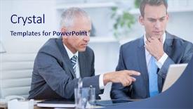  Presentation with working together - Presentation design enhanced with stern - serious businessmen working together background and a  colored foreground