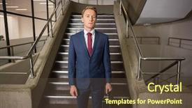  Presentation with camera - Theme consisting of stern businessman looking at camera background and a  colored foreground