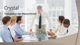  Presentation with staff meeting - PPT theme consisting of stern businessman looking down at his staff during a meeting in the office background and a light gray colored foreground
