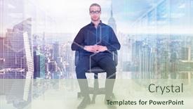  Presentation with server room - Amazing presentation design having stern businessman sitting on an office chair against digitally generated server room with towers backdrop and a soft green colored foreground