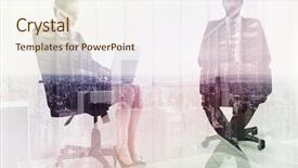  Presentation with towers - Presentation theme consisting of stern businessman sitting on an office chair against server room with towers background and a cream colored foreground