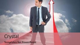  Presentation with hip - Slide deck with stern businessman standing with hand on hip against closed and open doors in sky background and a coral colored foreground