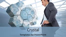  Presentation with holographic - Presentation theme having stern businessman standing with hands on hips against room with holographic cloud background and a light blue colored foreground