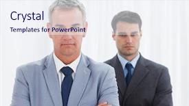  Presentation with school crossing safety - Colorful presentation design enhanced with stern businessmen posing crossing arms backdrop and a  colored foreground