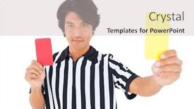  Presentation with referee - PPT layouts with stern referee showing yellow card on white background background and a soft green colored foreground