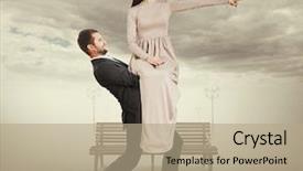  Presentation with tired - PPT theme with stern young woman sitting on tired man and pointing photo in park background and a coral colored foreground