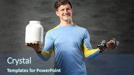  Presentation with protein - Presentation with steroid - young handsome sportsman holding bottle background and a ocean colored foreground