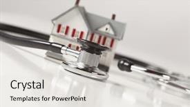  Presentation with home - Amazing PPT layouts having stethoscope and model house backdrop and a light gray colored foreground