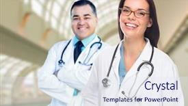  Presentation with nurses - Colorful theme enhanced with two male and female doctors or nurses standing inside hospital building backdrop and a sky blue colored foreground