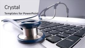  Presentation with system computer - Colorful slide set enhanced with stethoscope and computer with space backdrop and a light gray colored foreground