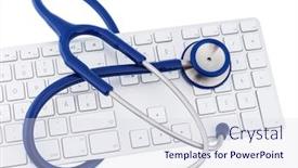  Presentation with diagnosis - Audience pleasing presentation design consisting of stethoscope and keyboard of a computer symbol photo for diagnosis and appointment management backdrop and a sky blue colored foreground
