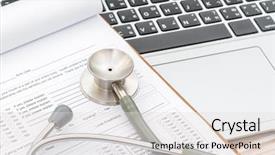  Presentation with prescription - Amazing PPT layouts having stethoscope and prescription on laptop backdrop and a light gray colored foreground