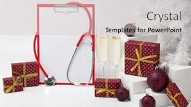  Presentation with medical clipboard - Audience pleasing theme consisting of stethoscope-blank-clipboard-two-glasses backdrop and a light gray colored foreground