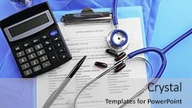  Presentation with medical clipboard - Audience pleasing PPT theme consisting of stethoscope clipboard coat and calculator backdrop and a light gray colored foreground