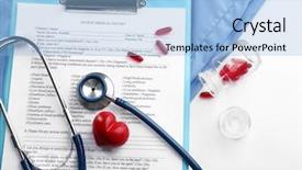  Presentation with clipboard stethoscope - Theme with doctor questionnaire - stethoscope coat plastic heart background and a light blue colored foreground