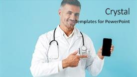  Presentation with medical smiling doctor - PPT theme with stethoscope holding mobile phone background and a arctic colored foreground