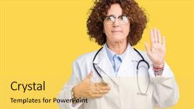  Presentation with doctor helps to get out of bed an elderly woman - PPT theme with stethoscope justice - middle ager senior doctor woman background and a  colored foreground