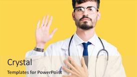  Presentation with hand palm - Theme featuring stethoscope justice - young doctor man wearing hospital background and a yellow colored foreground