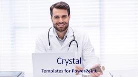  Presentation with healthcare workers - Beautiful PPT layouts featuring stethoscope laptop - portrait of male doctor checking backdrop and a sky blue colored foreground
