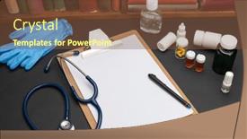  Presentation with clipboard stethoscope - PPT theme having stethoscope-on-clipboard-and-medicine background and a tawny brown colored foreground