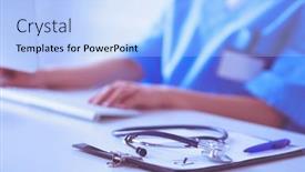  Presentation with medical desk - Slide deck consisting of stethoscope-on-desk-doctor-working background and a light blue colored foreground