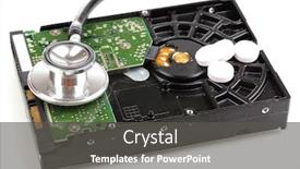  Presentation with hard disk drive - PPT theme with stethoscope on hard disk drive isolated on white background and a dark gray colored foreground