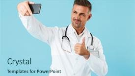  Presentation with medical - Audience pleasing PPT theme consisting of stethoscope taking selfie on smartphone backdrop and a  colored foreground