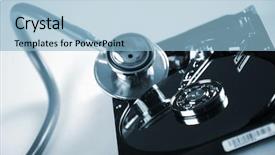  Presentation with brain computer interface head - Audience pleasing slides consisting of stethoscope the symbol of health backdrop and a  colored foreground