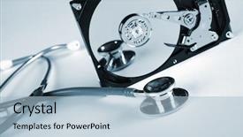  Presentation with brain computer interface head - Beautiful theme featuring stethoscope the symbol of health backdrop and a light blue colored foreground