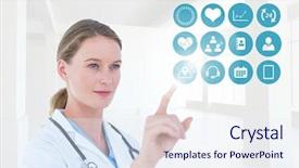  Presentation with hand touching finger digital - Amazing PPT theme having attentive doctor with stethoscope touching backdrop and a sky blue colored foreground