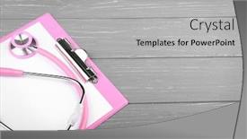  Presentation with clipboard stethoscope - Audience pleasing theme consisting of stethoscope with clipboard on wooden table backdrop and a light gray colored foreground