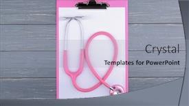  Presentation with clipboard stethoscope - Slides with stethoscope with clipboard on wooden table background and a light gray colored foreground