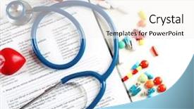  Presentation with medical pills - Colorful slide set enhanced with stethoscope with medical history and pills isolated on white backdrop and a white colored foreground