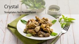  Presentation with sauce - Presentation theme consisting of stew chicken with pesto sauce background and a soft green colored foreground
