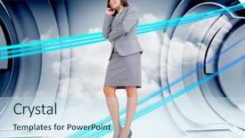  Presentation with blue line - Theme having sti - smiling thoughtful businesswoman against abstract background and a sky blue colored foreground