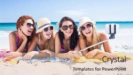  Presentation with friends - Colorful presentation enhanced with stick - happy friends wearing sun glasses backdrop and a coral colored foreground