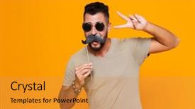  Presentation with cheerful - PPT theme enhanced with stick characters - portrait of a cheerful young background and a gold colored foreground