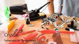  Presentation with stick figure - PPT layouts having stick figure house - flying drone background and a coral colored foreground