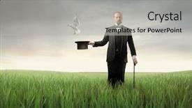  Presentation with magician - Cool new PPT theme with stick men - magician showing a hat backdrop and a light gray colored foreground