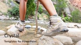  Presentation with nature river - Amazing presentation design having stick people - hiking shoes on hiker outdoors backdrop and a soft green colored foreground