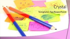  Presentation with color pencils - PPT theme enhanced with stickers isolated on white background and a  colored foreground
