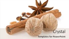  Presentation with scroll paper isolated on white - Slides with cinnamon sticks anise star and nutmeg isolated on white background background and a coral colored foreground