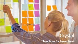  Presentation with young business people - Cool new presentation design with sticky notes - young creative business people backdrop and a coral colored foreground